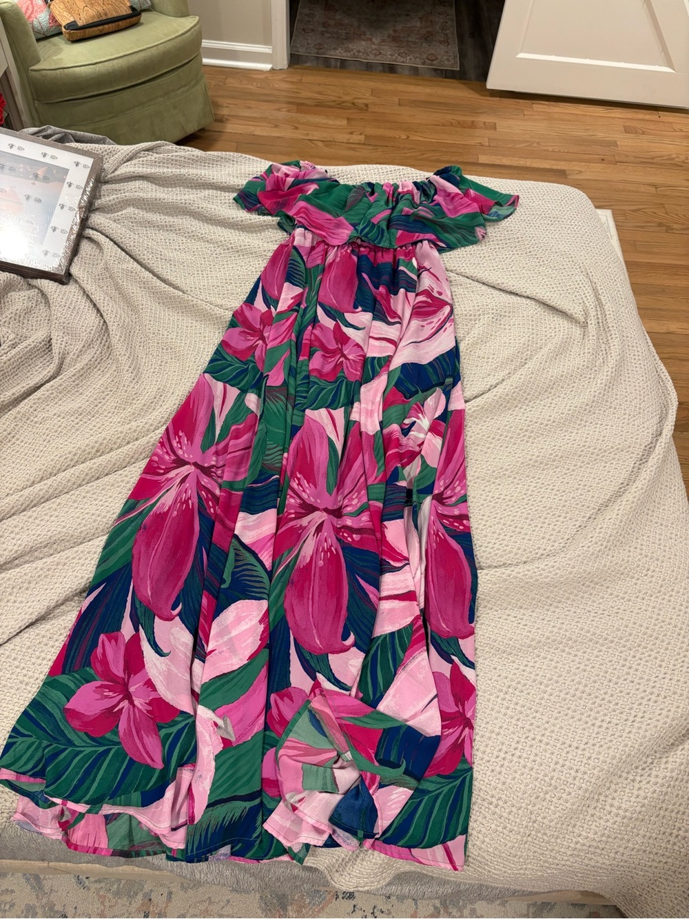 Off-Shoulder Floral Maxi Dress in Pink & Green